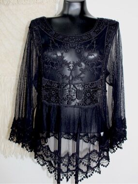 Shyanne Medium Black Sheer Lace Crochet Peplum Top Bell sleeve wester wear